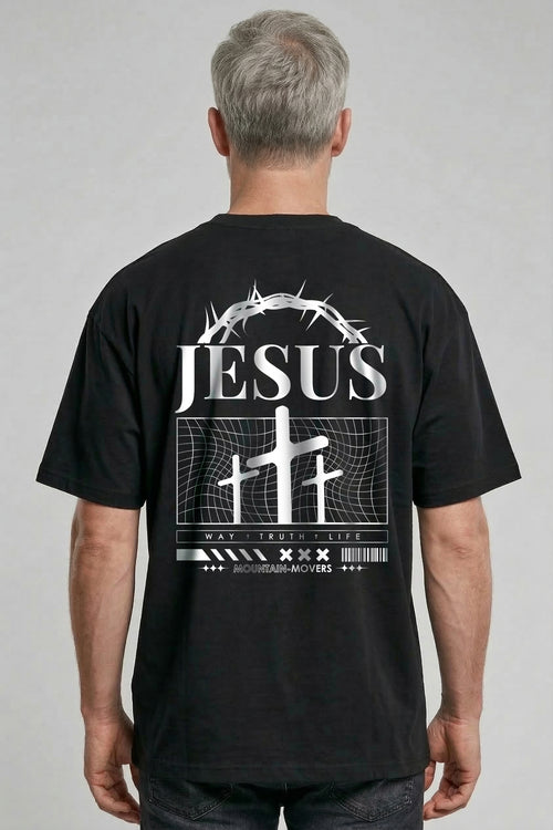 Jesus Way Truth Life Oversized Shirt Front- en Rugprint