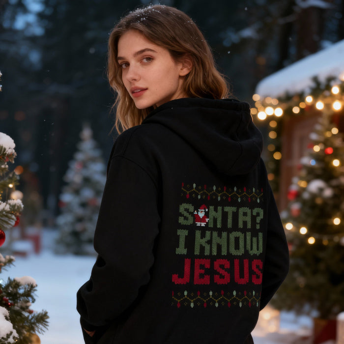 Santa? I know Jesus Christmas Hoodie Backprint