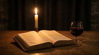 Offene Bibel mit Weinglas und Kerze im Kerzenlicht, stimmungsvolle Szene