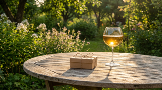 Weinglas und verpacktes Geschenk auf sonnigem Gartentisch im Freien