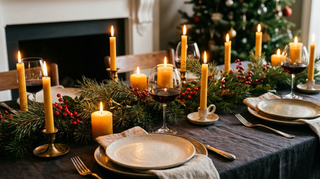Weihnachtlich gedeckter Tisch mit Weinglas, Tannenzweigen, roten Beeren und Kerzen