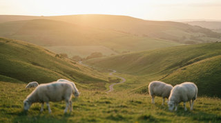Sanfte Huegellandschaft im Abendlicht mit Schafen, Sinnbild fuer Psalm 23 Der Herr ist mein Hirte
