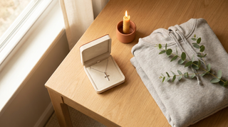 Konfirmationsgeschenk mit Kreuzkette, Hoodie und Kerze auf hellem Holztisch