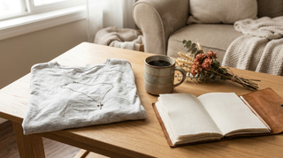 Christliche Geschenkideen für Frauen: Kreuzkette, Shirt, Tasse und Blumen auf einem Holztisch