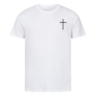 Kreuz Shirt minimalistic Detailansicht, Mountain Movers christliche Streetwear