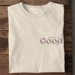 God is good retro taupe Shirt Detailansicht, Mountain Movers christliche Streetwear