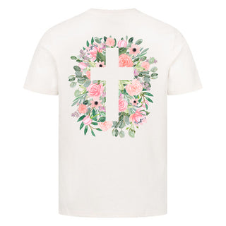 Cross flowers Shirt Backprint Detailansicht, Mountain Movers christliche Streetwear