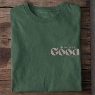 God is good retro taupe Shirt Detailansicht, Mountain Movers christliche Streetwear