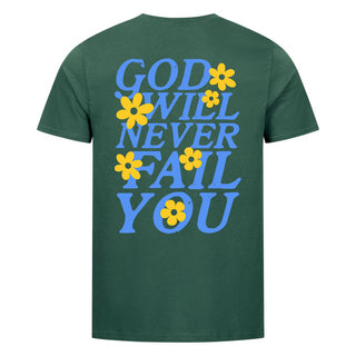 God Will Never Fail You Shirt Backprint Detailansicht, Mountain Movers christliche Streetwear