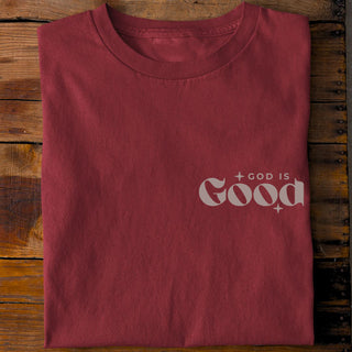 God is good retro taupe Shirt Detailansicht, Mountain Movers christliche Streetwear