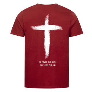 er starb für mich, ich lebe für ihn Shirt Backprint Detailansicht, Mountain Movers christliche Streetwear
