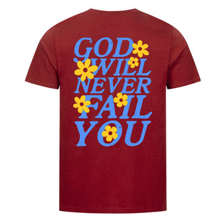God Will Never Fail You Shirt Backprint Detailansicht, Mountain Movers christliche Streetwear