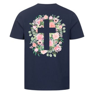 Cross flowers Shirt Backprint Detailansicht, Mountain Movers christliche Streetwear