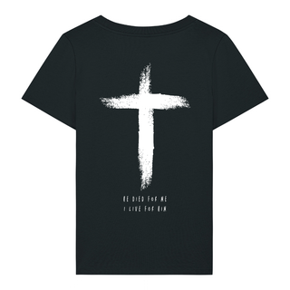 HE DIED FRAUEN T-SHIRT Backprint Variante, Mountain Movers christliches Design