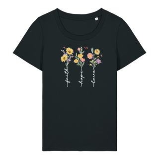 Faith Hope Love Flower Frauen Shirt Detailansicht, Mountain Movers christliche Streetwear