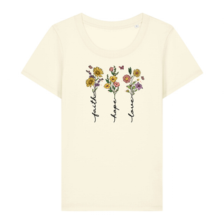 Faith Hope Love Flower Frauen Shirt Detailansicht, Mountain Movers christliche Streetwear