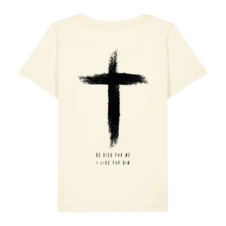 HE DIED FRAUEN T-SHIRT Backprint Detailansicht, Mountain Movers christliche Streetwear