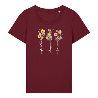 Faith Hope Love Flower Frauen Shirt Detailansicht, Mountain Movers christliche Streetwear