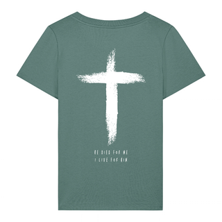 HE DIED FRAUEN T-SHIRT Backprint Detailansicht, Mountain Movers christliche Streetwear