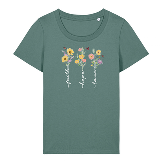 Faith Hope Love Flower Frauen Shirt Detailansicht, Mountain Movers christliche Streetwear
