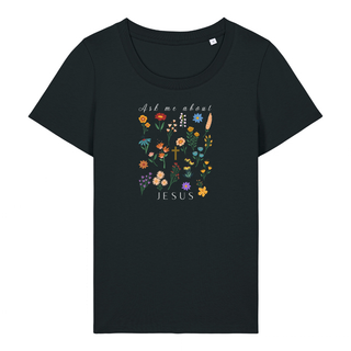 Ask me about Jesus - little Flowers Frauen Shirt Detailansicht, Mountain Movers christliche Streetwear