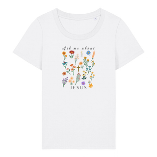 Ask me about Jesus - little Flowers Frauen Shirt Detailansicht, Mountain Movers christliche Streetwear