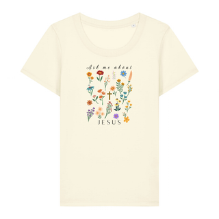 Ask me about Jesus - little Flowers Frauen Shirt Detailansicht, Mountain Movers christliche Streetwear