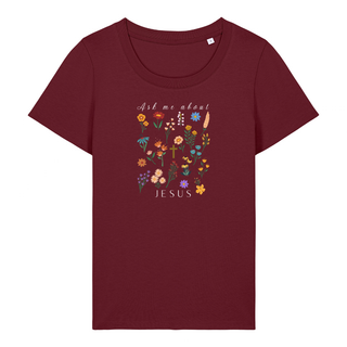Ask me about Jesus - little Flowers Frauen Shirt Detailansicht, Mountain Movers christliche Streetwear