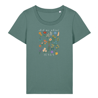 Ask me about Jesus - little Flowers Frauen Shirt Detailansicht, Mountain Movers christliche Streetwear