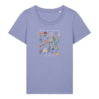 Ask me about Jesus - little Flowers Frauen Shirt Detailansicht, Mountain Movers christliche Streetwear