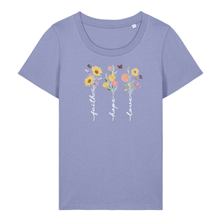 Faith Hope Love Flower Frauen Shirt Detailansicht, Mountain Movers christliche Streetwear