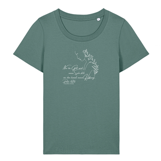 NUR BEI GOTT FRAUEN T-SHIRT Detailansicht, Mountain Movers christliche Streetwear