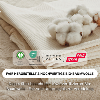 a pile of white cotton balls, along with text promoting vegan and fair wear.
