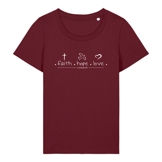 Faith Hope Love Frauen T-Shirt Detailansicht, Mountain Movers christliche Streetwear