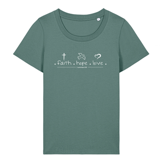Faith Hope Love Frauen T-Shirt Detailansicht, Mountain Movers christliche Streetwear