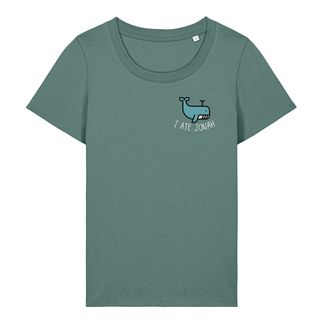 I ate Jonah Frauen T-Shirt Detailansicht, Mountain Movers christliche Streetwear