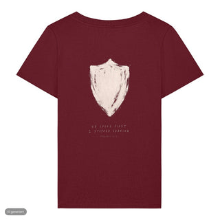 He Spoke First Frauenshirt, Burgunder, Rückseite