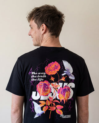 Jesus Flower Shirt Backprint Detailansicht, Mountain Movers christliche Streetwear