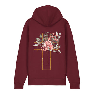 Golden Aquarell Cross Zipper Hoodie Backprint, Burgunder, Rückseite, Mountain Movers christliche Streetwear