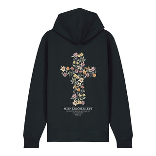 Mein Erlöser lebt Zipper Hoodie Backprint, Schwarz, Rückseite, Mountain Movers christliche Streetwear