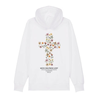 Mein Erlöser lebt Zipper Hoodie Backprint, Weiß, Rückseite, Mountain Movers christliche Streetwear