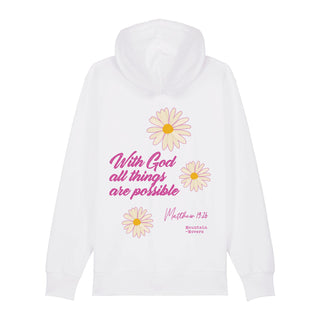 With God Flower Zipper Hoodie Backprint, Weiß, Rückseite, Mountain Movers christliche Streetwear