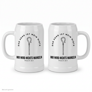 Bierkrug aus weißer Keramik mit Psalm 23:1 „Mir wird nichts mangeln" und Hirtenstab, beidseitig bedruckt, 500 ml