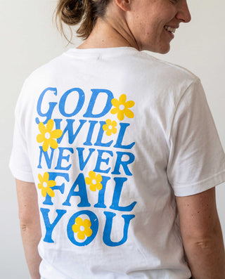 God Will Never Fail You Shirt Backprint, christliche Streetwear von Mountain Movers