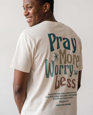 Pray More, Worry Less Shirt Backprint, christliche Streetwear von Mountain Movers