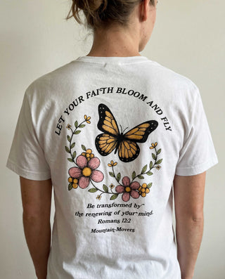 Let your Faith Bloom and Fly Shirt Front & Back, christliche Streetwear von Mountain Movers