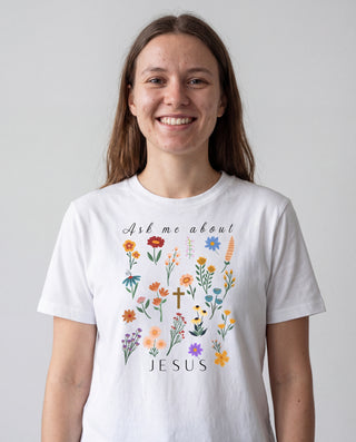 Ask me about Jesus - little Flowers Frauen Shirt, christliche Streetwear von Mountain Movers