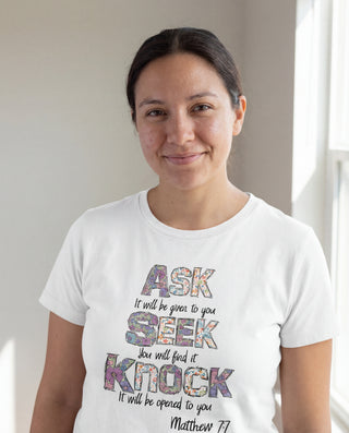 Ask Seek Knock Shirt Flatlay, Mountain Movers
