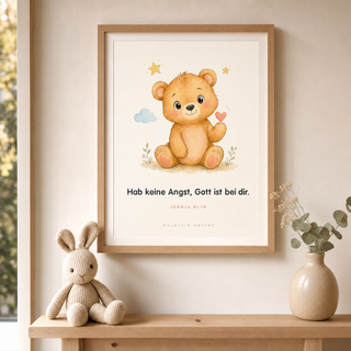 Christliches Kinderposter Bär gerahmt im Kinderzimmer, Jesaja 41:10, Mountain Movers