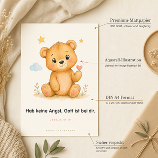 Kinderposter Bär Produktdetails mit Annotationen - 300 GSM Premium-Mattpapier, A4, knickfrei verpackt